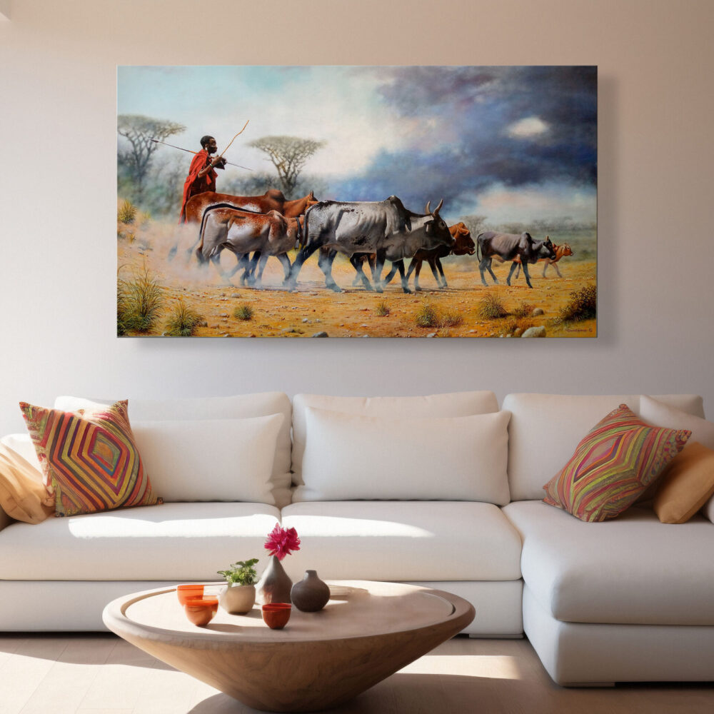 A mounted painting of a Maasai herdsman walking through the grasslands with his cattle - By Daniel Njoroge