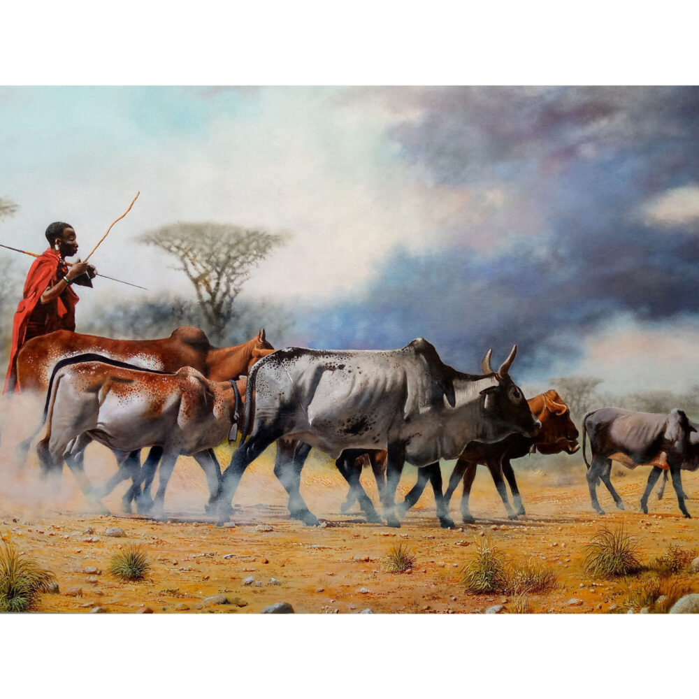Painting of a Maasai herdsman walking through the grasslands with his cattle - By Daniel Njoroge