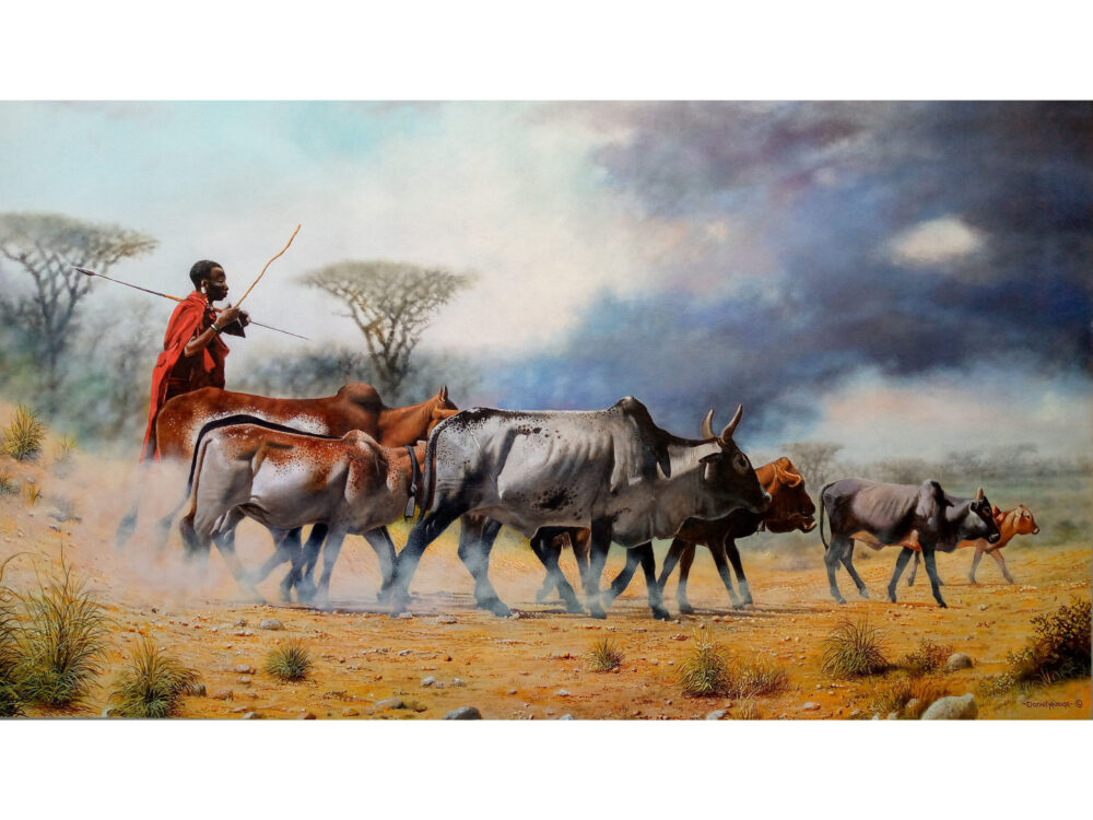 Painting of a Maasai herdsman walking through the grasslands with his cattle - By Daniel Njoroge