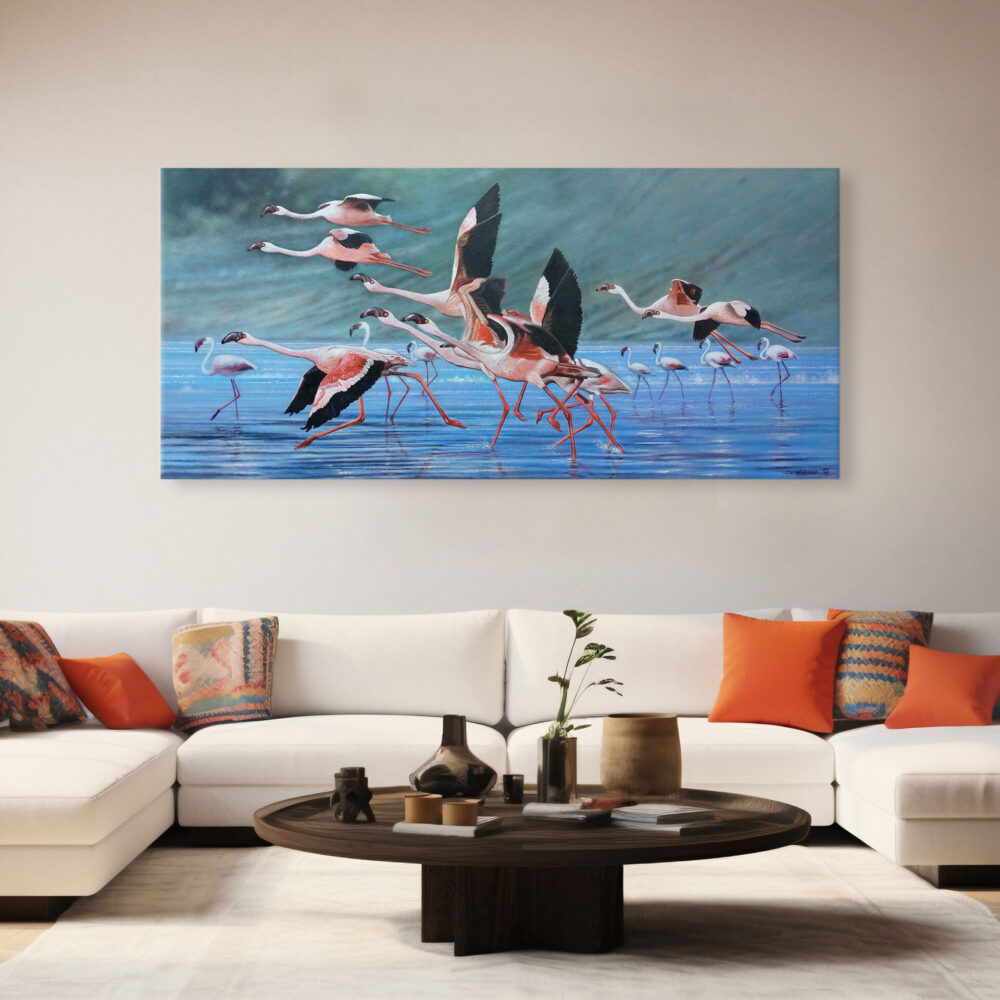A mounted painting of a group of flamingos taking off - By Daniel Njoroge