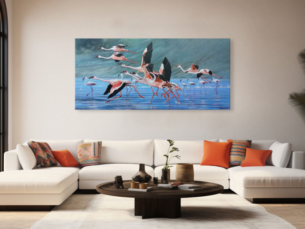 Flamingos Taking Off - Mockup A mounted painting of a group of flamingos taking off - By Daniel Njoroge