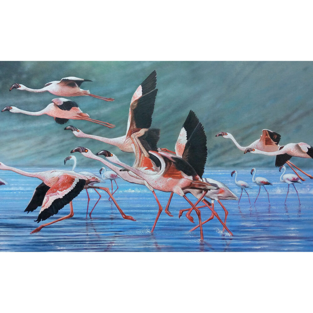 A painting of a group of flamingos taking off - By Daniel Njoroge