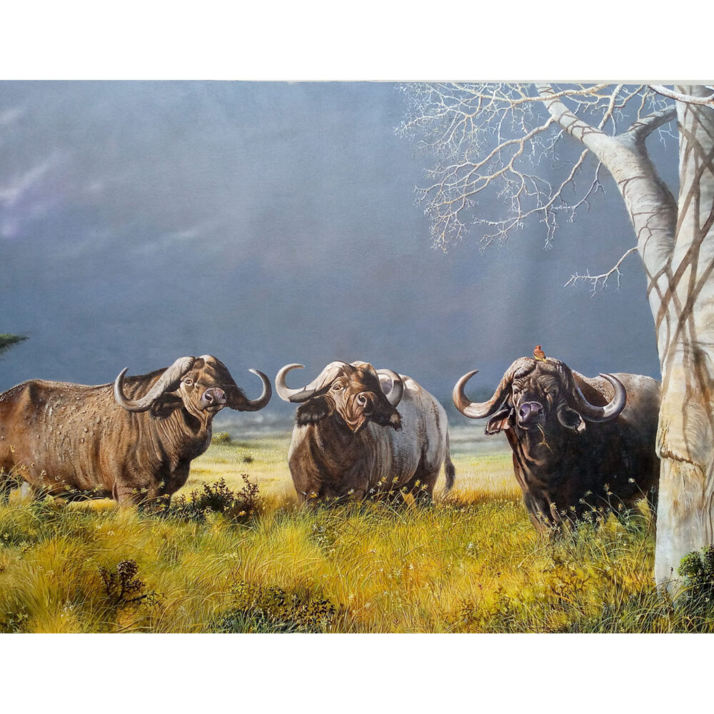 Painting of three buffaloes standing in the African grasslands - By Daniel Njoroge