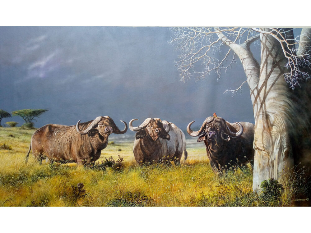 Painting of three buffaloes standing in the African grasslands - By Daniel Njoroge