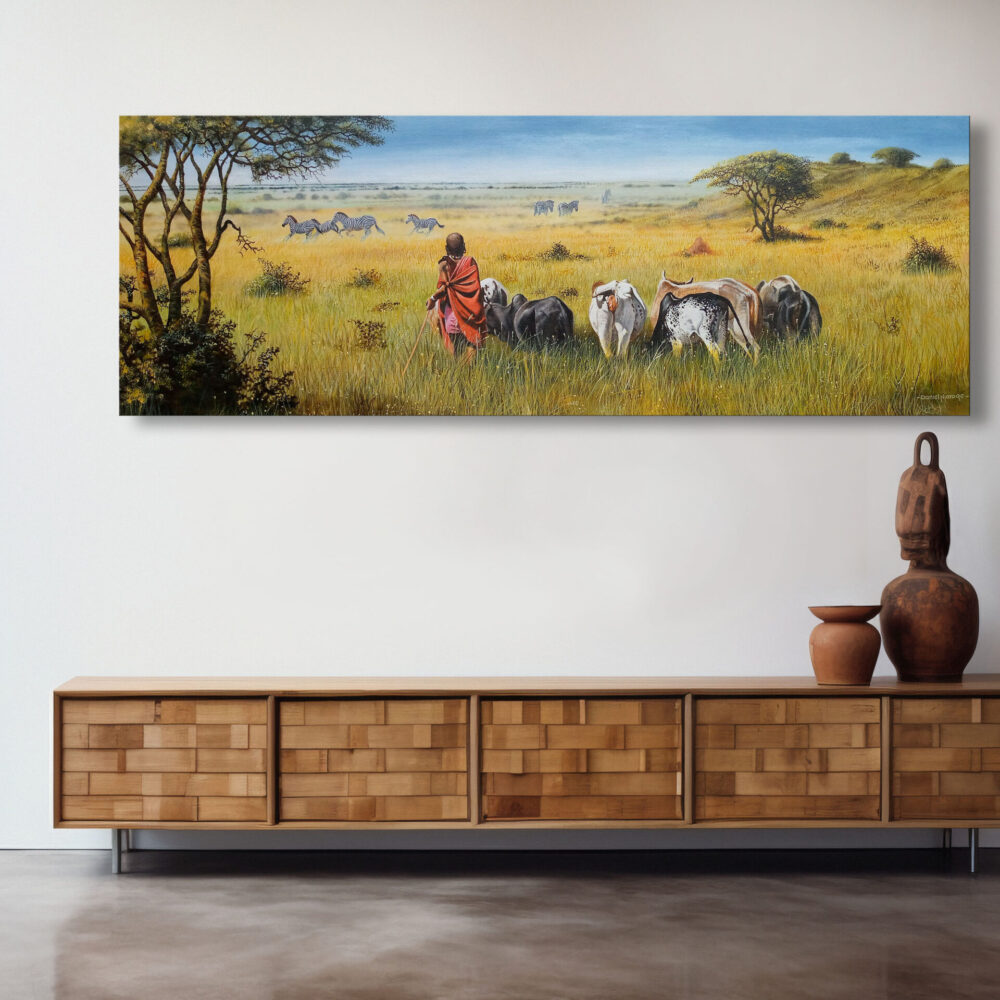 Mounted painting of a Mara herdsman with cows and bulls watching zebras in the distance - By Daniel Njoroge