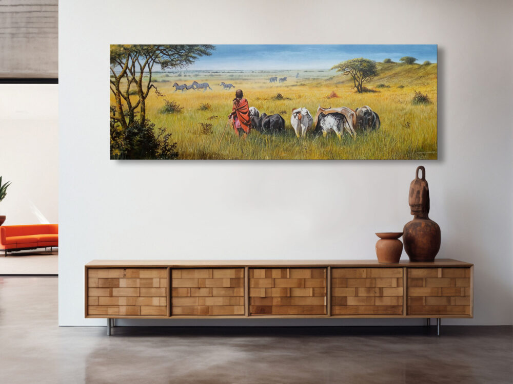 Mara Herdsman - Mockup Mounted painting of a Mara herdsman with cows and bulls watching zebras in the distance - By Daniel Njoroge