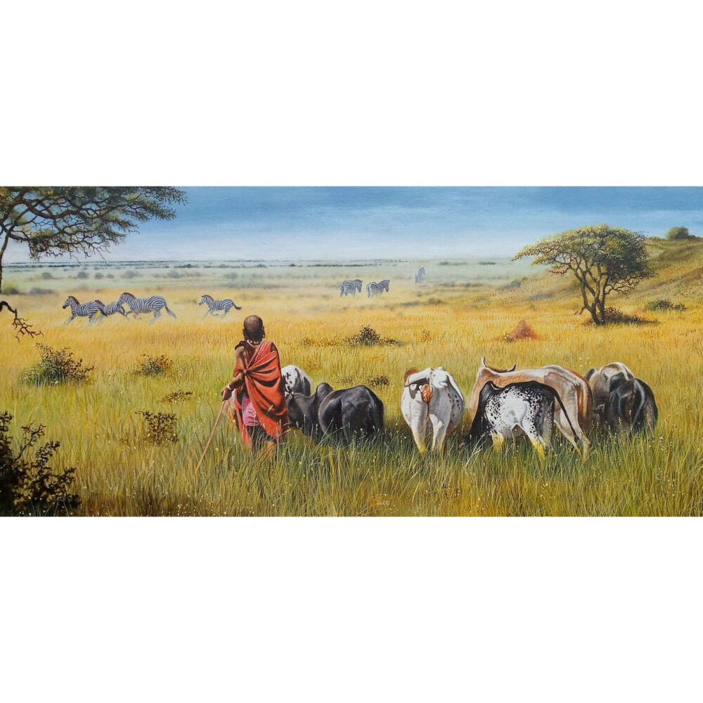 Painting of a Mara herdsman with cows and bulls watching zebras in the distance - By Daniel Njoroge