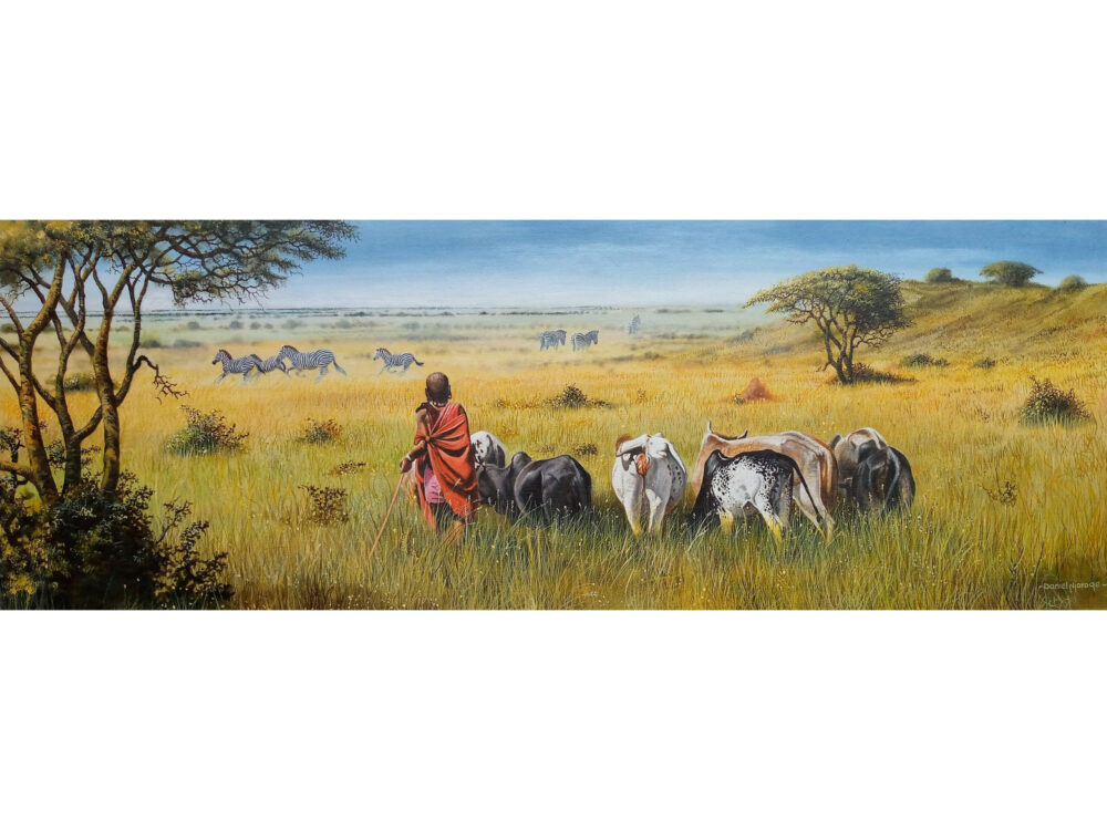 Painting of a Mara herdsman with cows and bulls watching zebras in the distance - By Daniel Njoroge