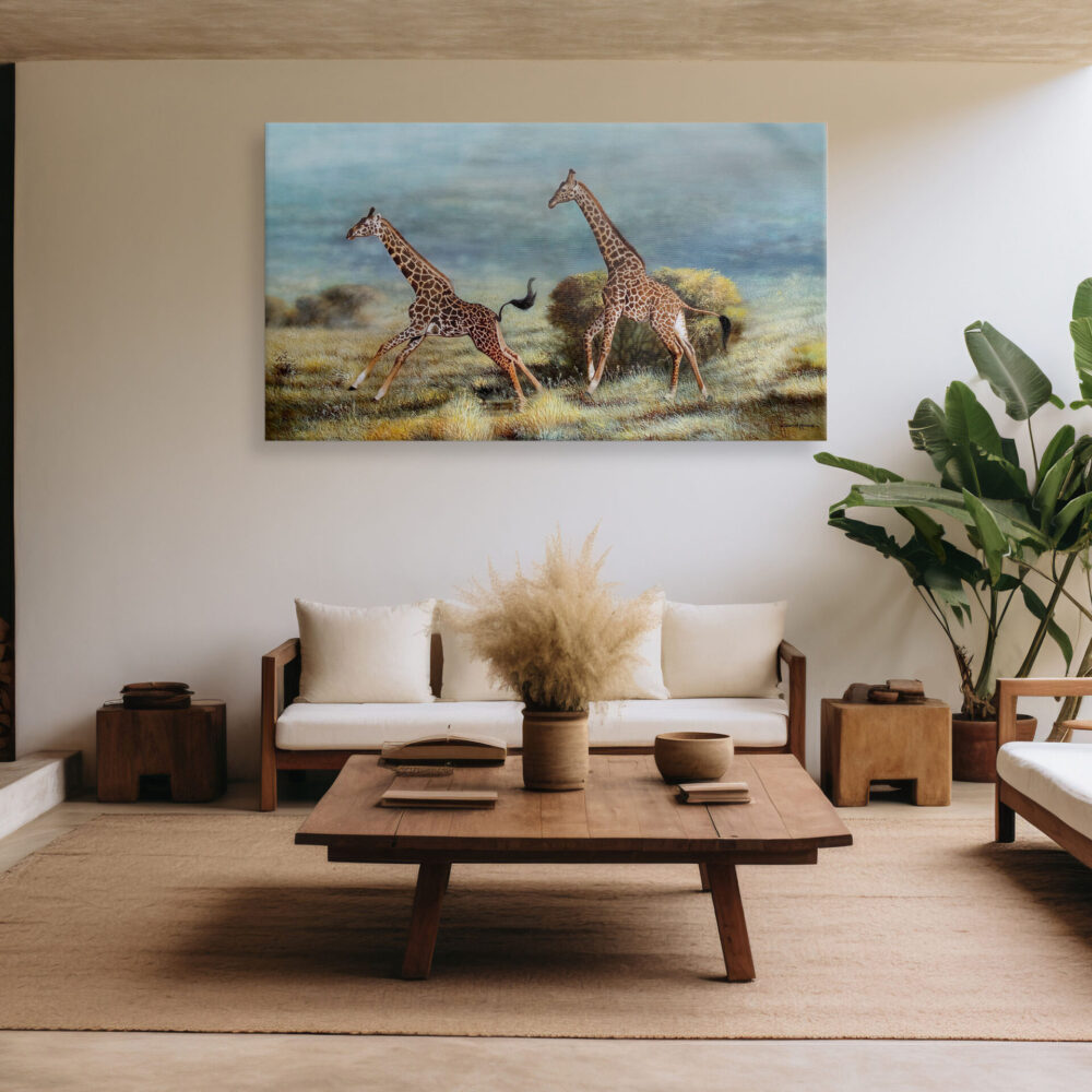A mounted painting of two giraffes running across the grasslands - By Daniel Njoroge