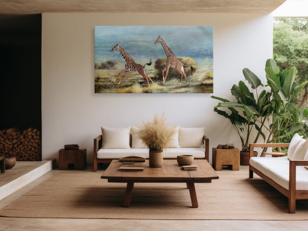 A mounted painting of two giraffes running across the grasslands - By Daniel Njoroge