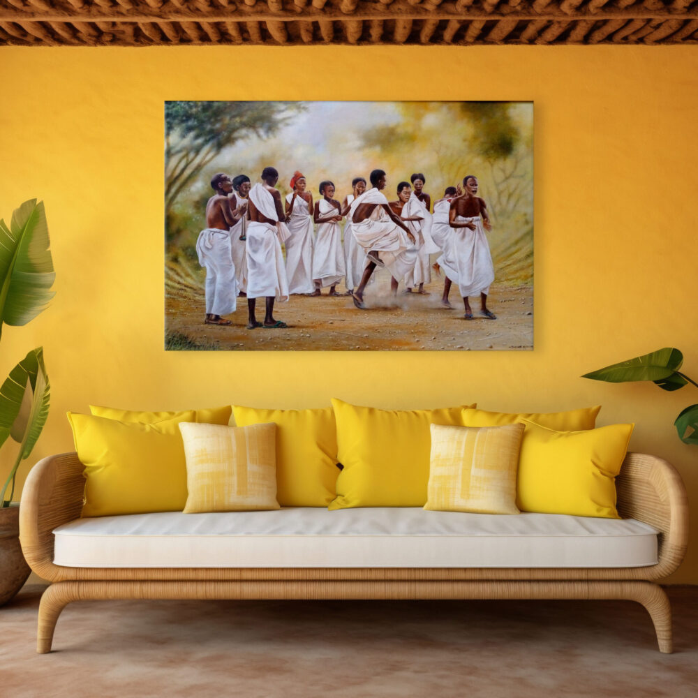 A mounted painting depicting an African group performing traditional African dance - By Daniel Njoroge