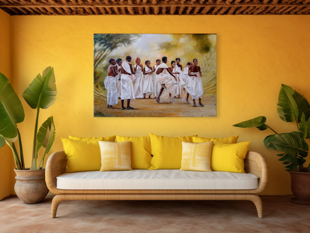 A mounted painting depicting an African group performing traditional African dance - By Daniel Njoroge