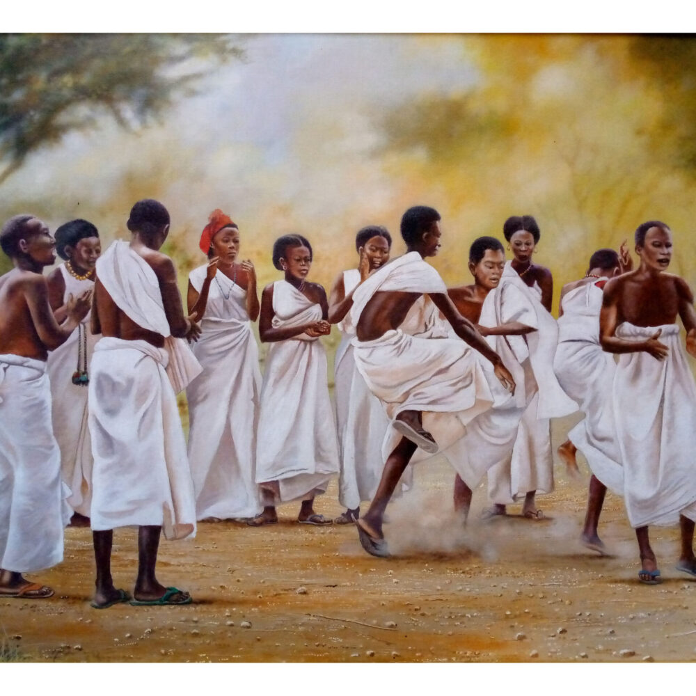 A painting depicting an African group performing traditional African dance - By Daniel Njoroge