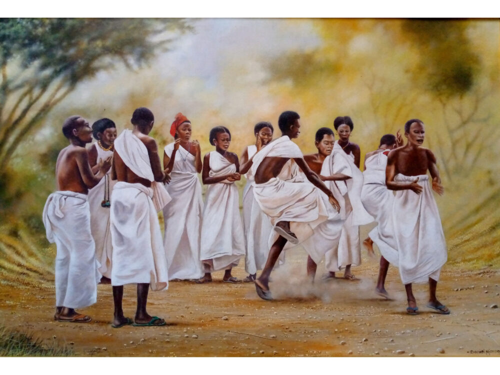 A painting depicting an African group performing traditional African dance - By Daniel Njoroge