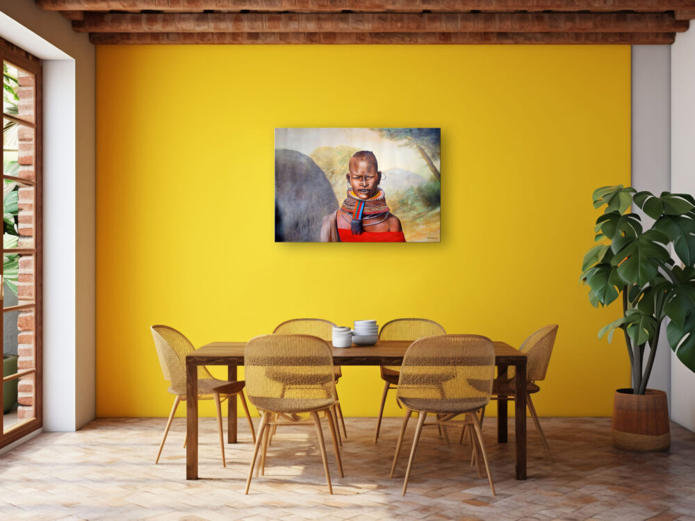 Turkana Woman - Mockup A mounted painting of a Turkana woman standing in her village - By Daniel Njoroge