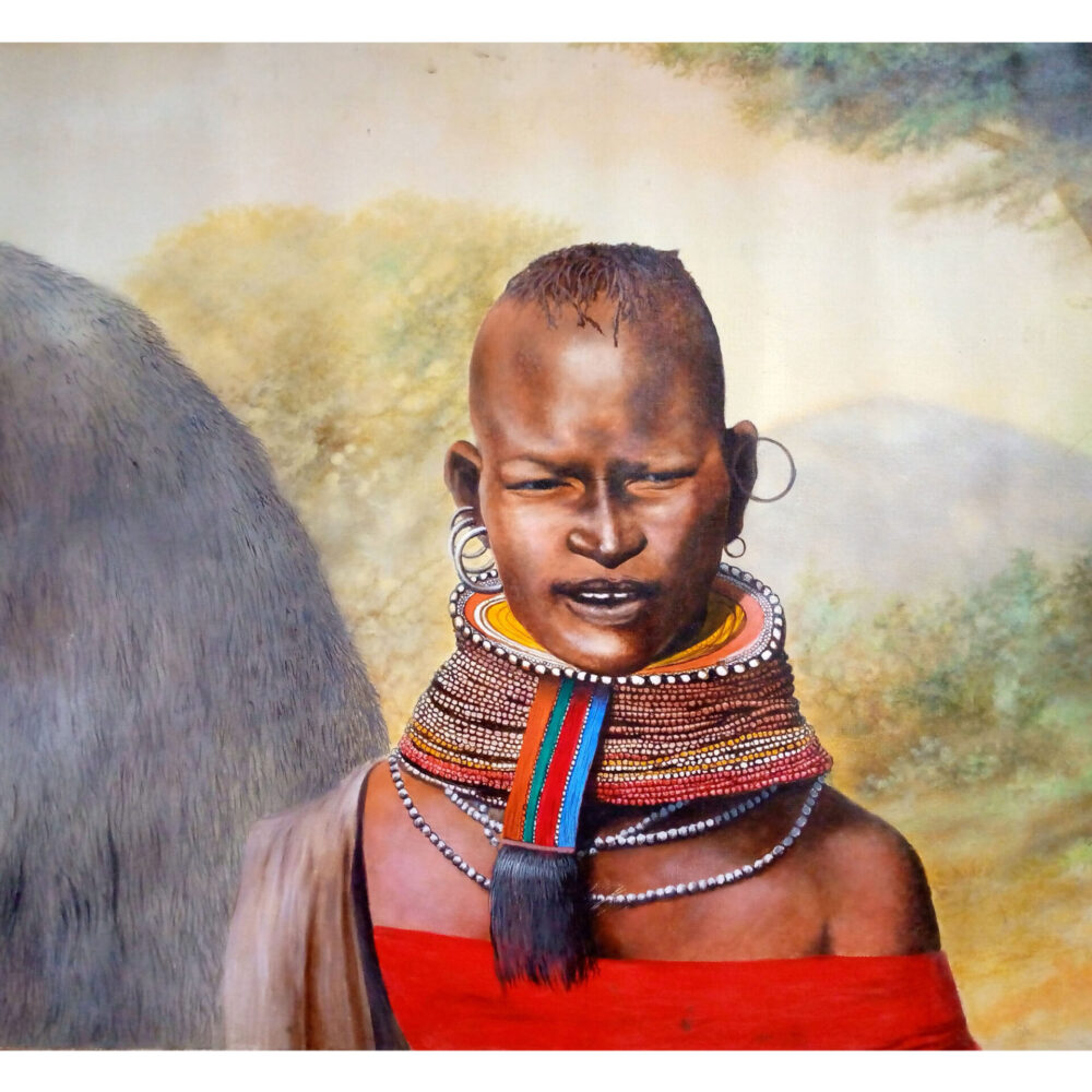 Painting of a Turkana woman standing in her village - By Daniel Njoroge