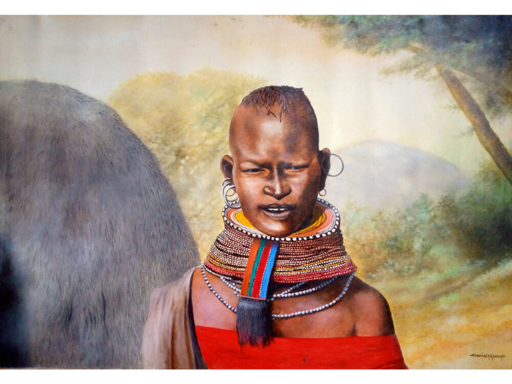 Painting of a Turkana woman standing in her village - By Daniel Njoroge