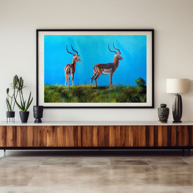 Mounted painting of two antelopes standing in the grasslands - By Daniel Njoroge