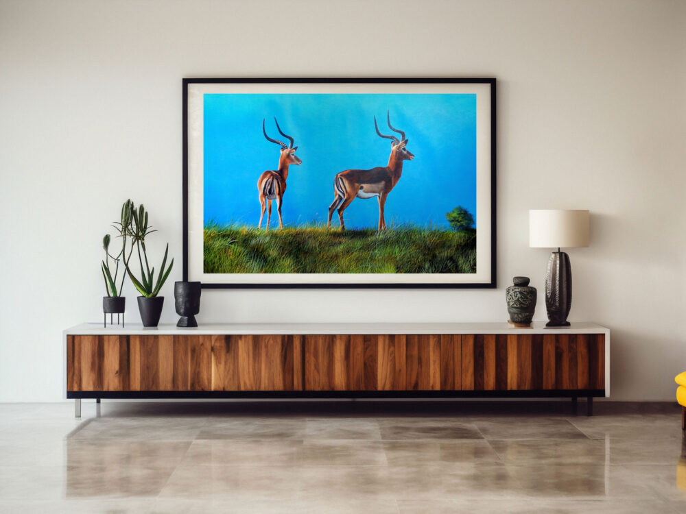 Two Alert Bachelors - Mockup Mounted painting of two antelopes standing in the grasslands - By Daniel Njoroge