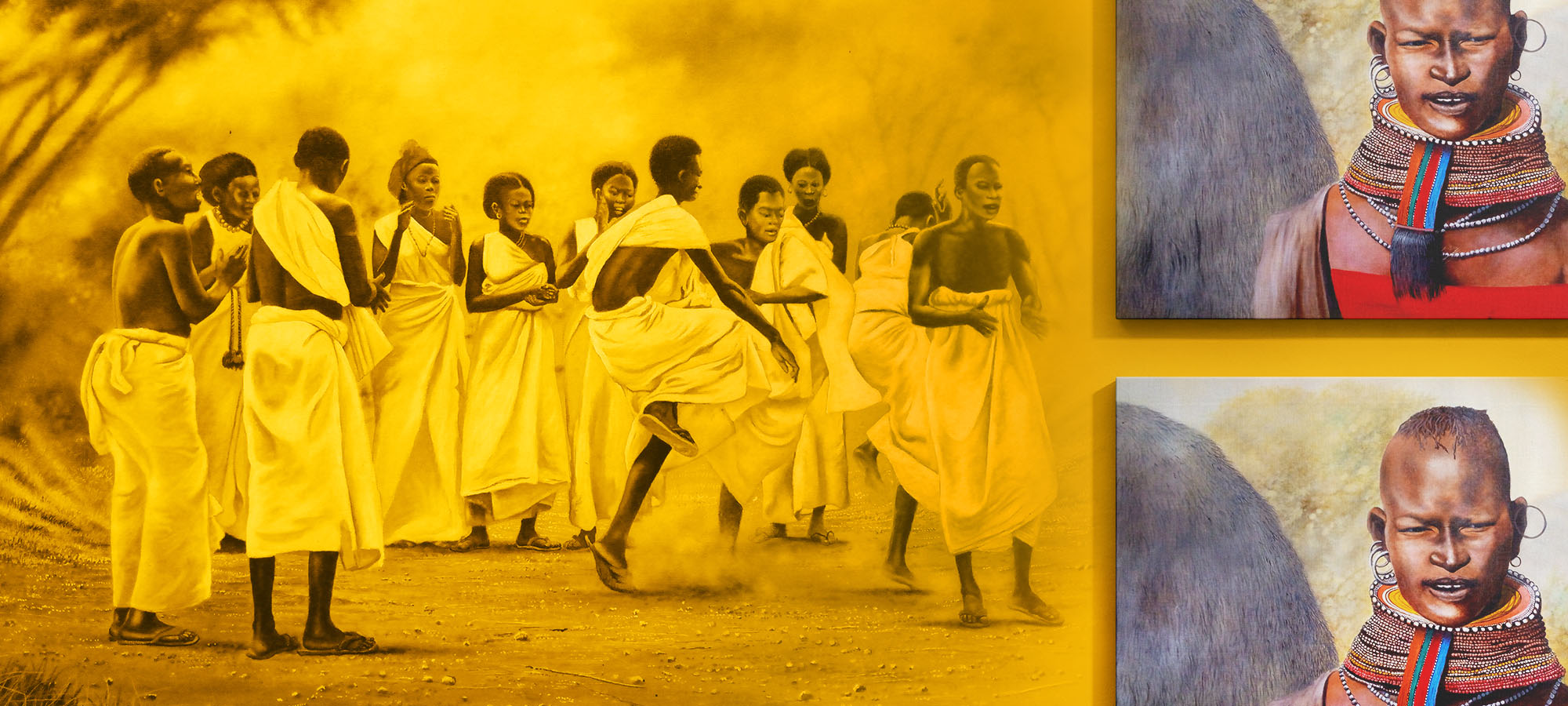 Two paintings depicting African cultural dance and traditional attire - By Daniel Njoroge
