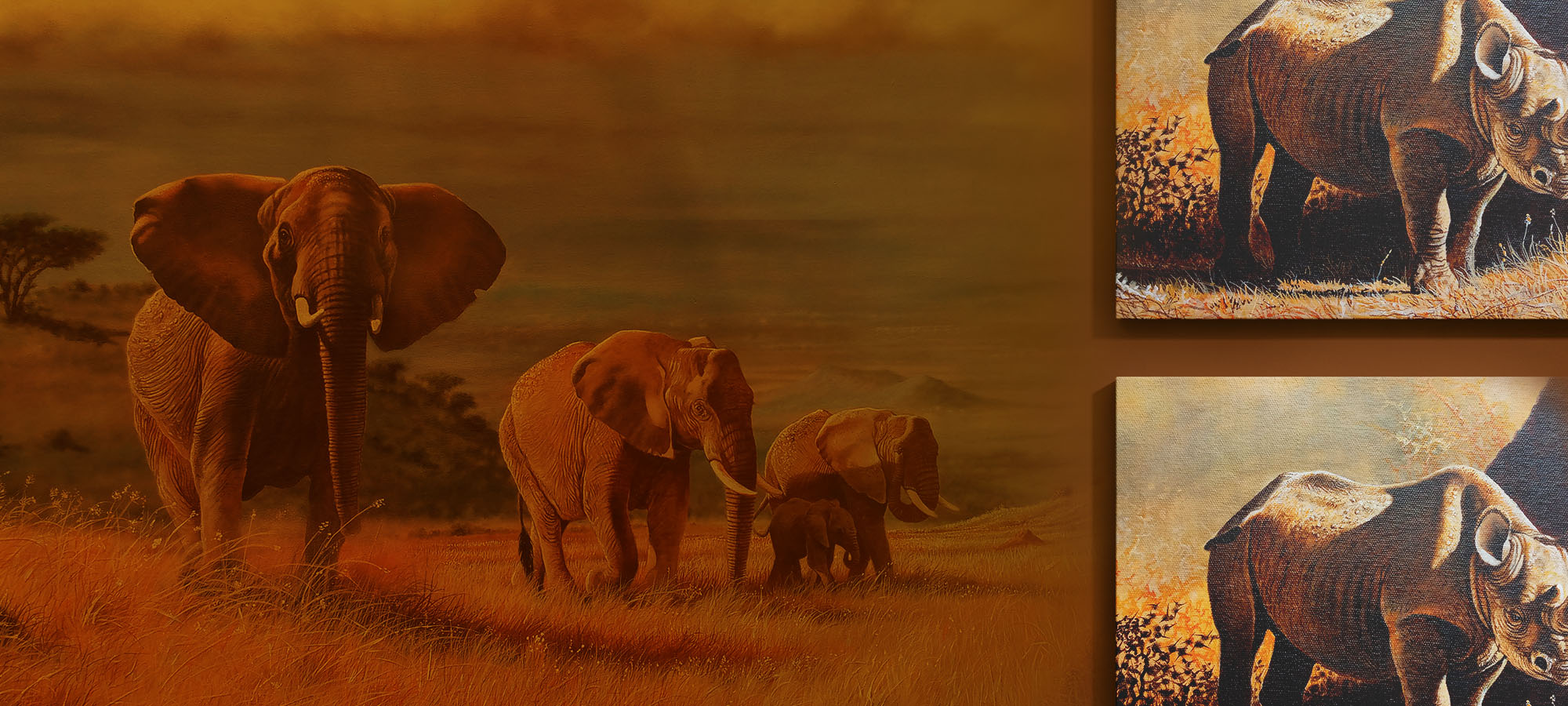 Two paintings: one depicting a family of elephants, and the other showing a rhinoceros in its natural habitat - By Daniel Njoroge