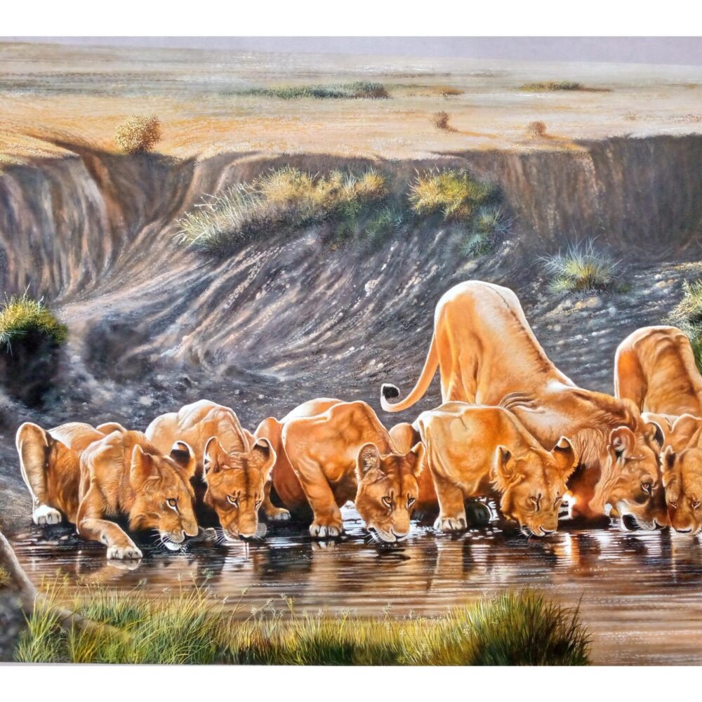 A hand-painted piece of art of a group of lions drinking water in the wild - By Daniel Njoroge