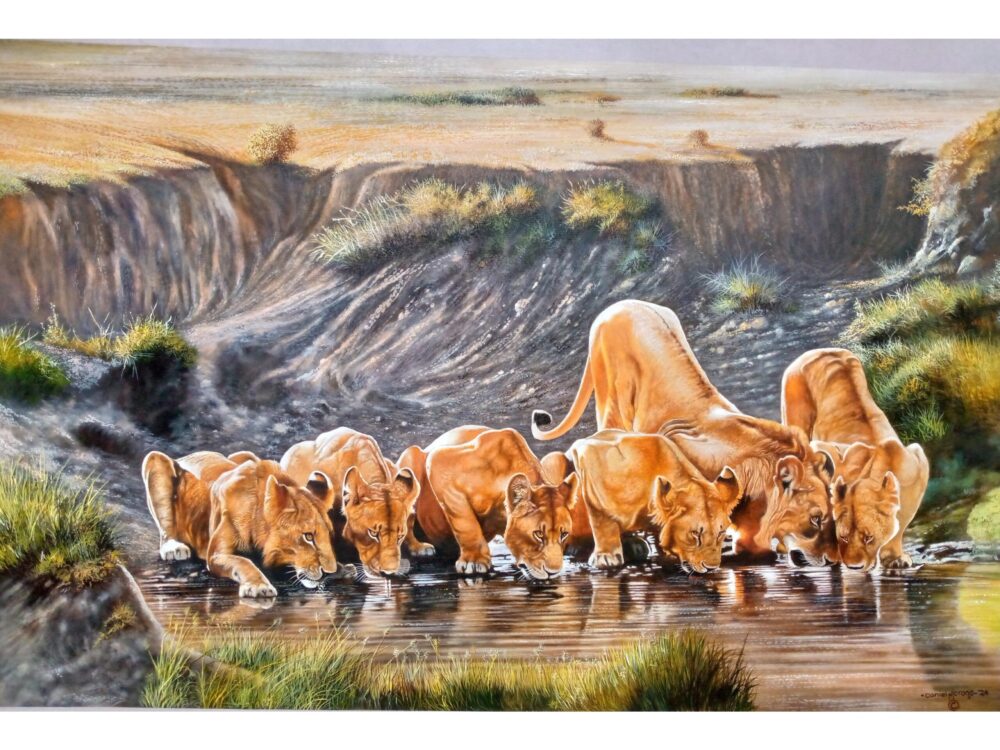 A hand-painted piece of art of a group of lions drinking water in the wild - By Daniel Njoroge